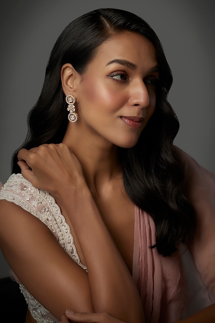Gold Finish Moissanite Polki Dangler Earrings In Sterling Silver by Hunar at Pernia's Pop Up Shop