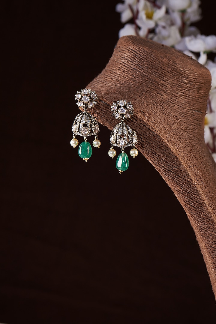 Gold Finish Moissanite Polki & Green Stone Dangler Earrings In Sterling Silver by Hunar at Pernia's Pop Up Shop