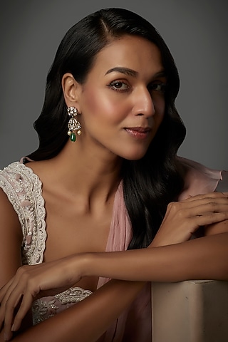 Gold Finish Moissanite Polki & Green Stone Dangler Earrings In Sterling Silver by Hunar