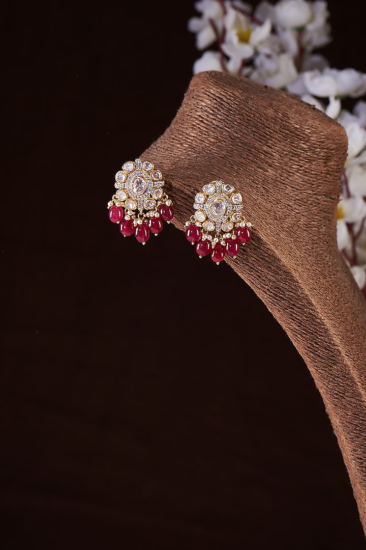 Gold Finish Moissanite Polki & Red Stone Stud Earrings In Sterling Silver by Hunar at Pernia's Pop Up Shop