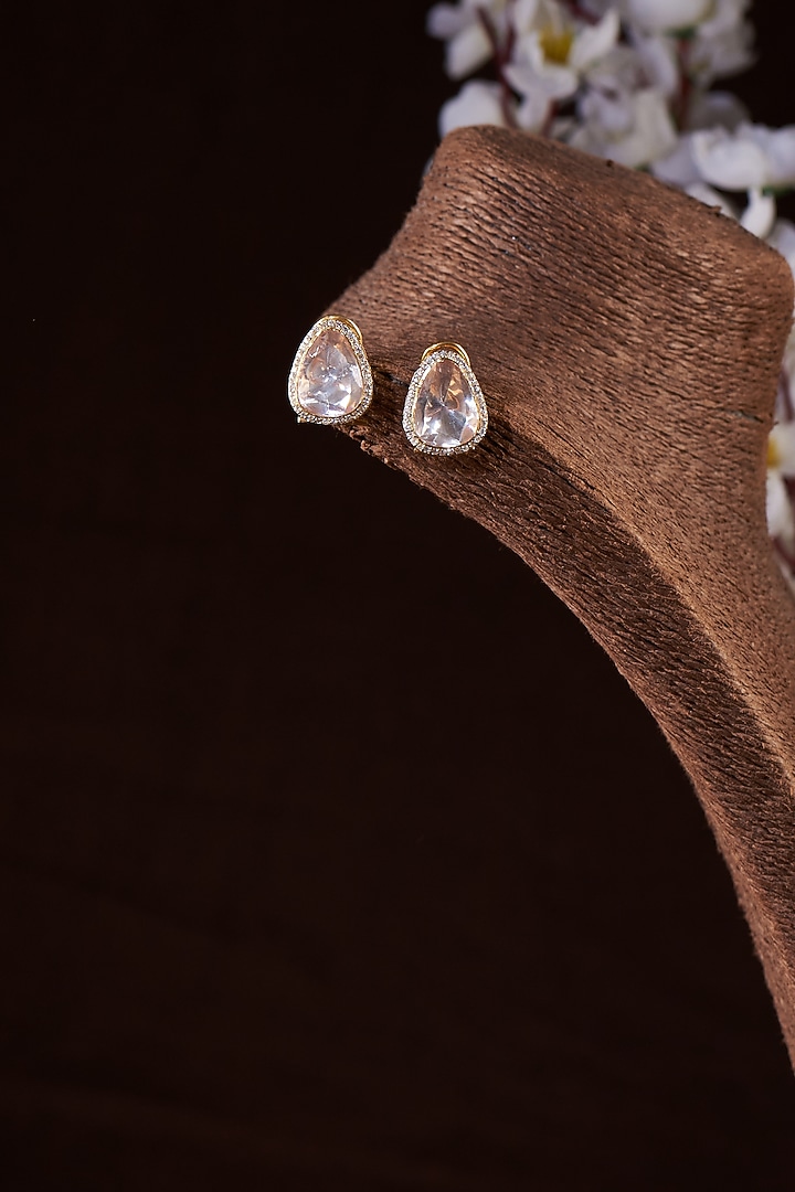 Gold Finish Moissanite Polki Stud Earrings In Sterling Silver by Hunar at Pernia's Pop Up Shop