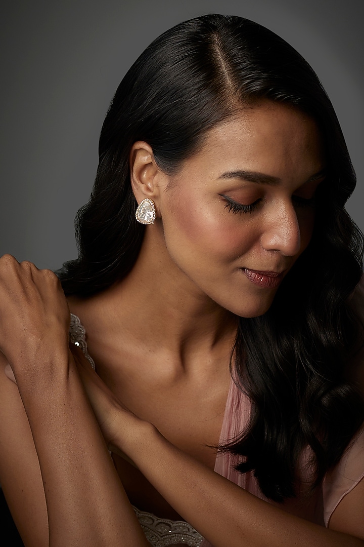 Gold Finish Moissanite Polki Stud Earrings In Sterling Silver by Hunar at Pernia's Pop Up Shop