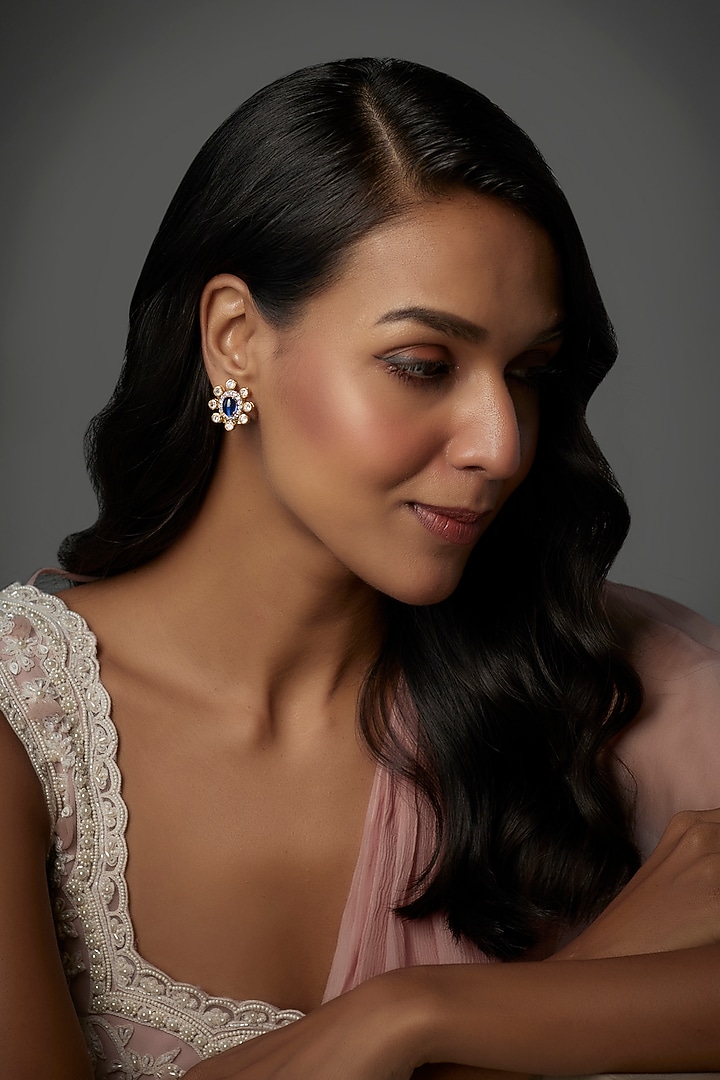 Gold Finish Moissanite Polki & Blue Stone Stud Earrings In Sterling Silver by Hunar at Pernia's Pop Up Shop