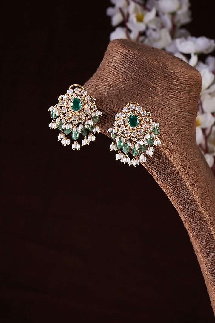 Gold Finish Moissanite Polki & Green Stone Dangler Earrings In Sterling Silver by Hunar at Pernia's Pop Up Shop
