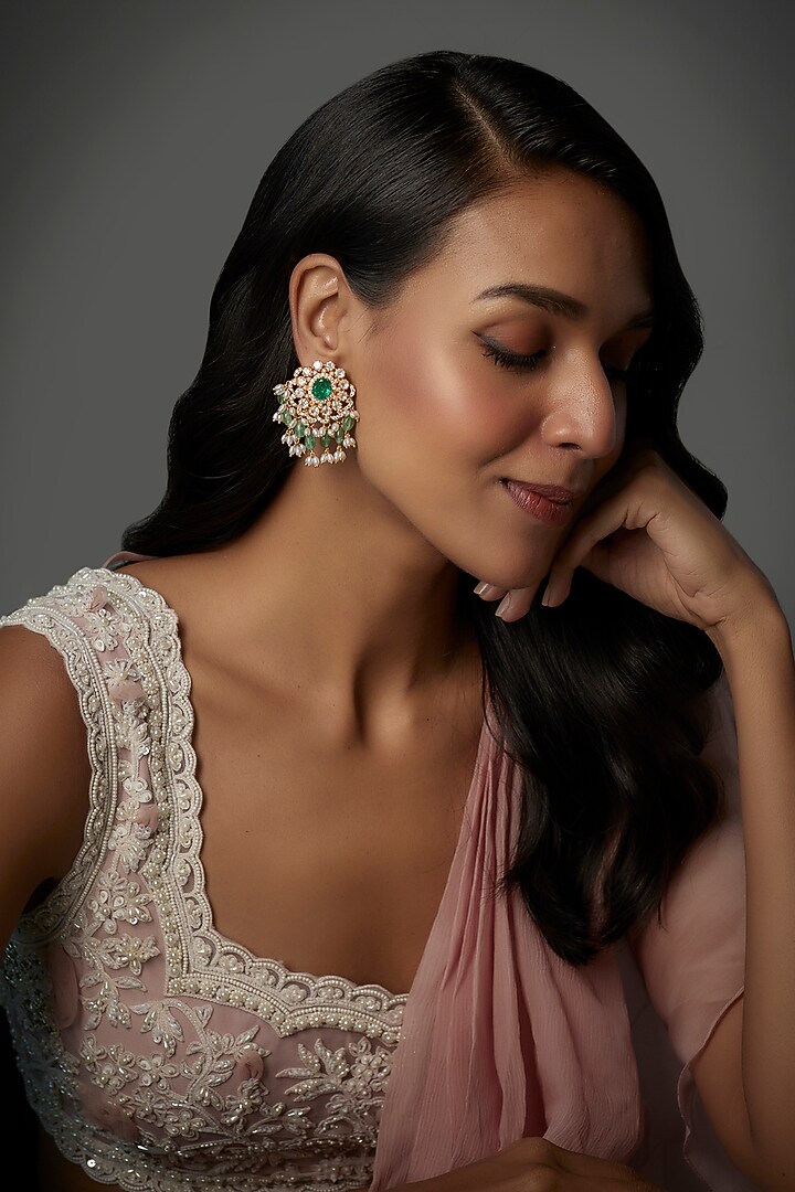 Gold Finish Moissanite Polki & Green Stone Dangler Earrings In Sterling Silver by Hunar at Pernia's Pop Up Shop