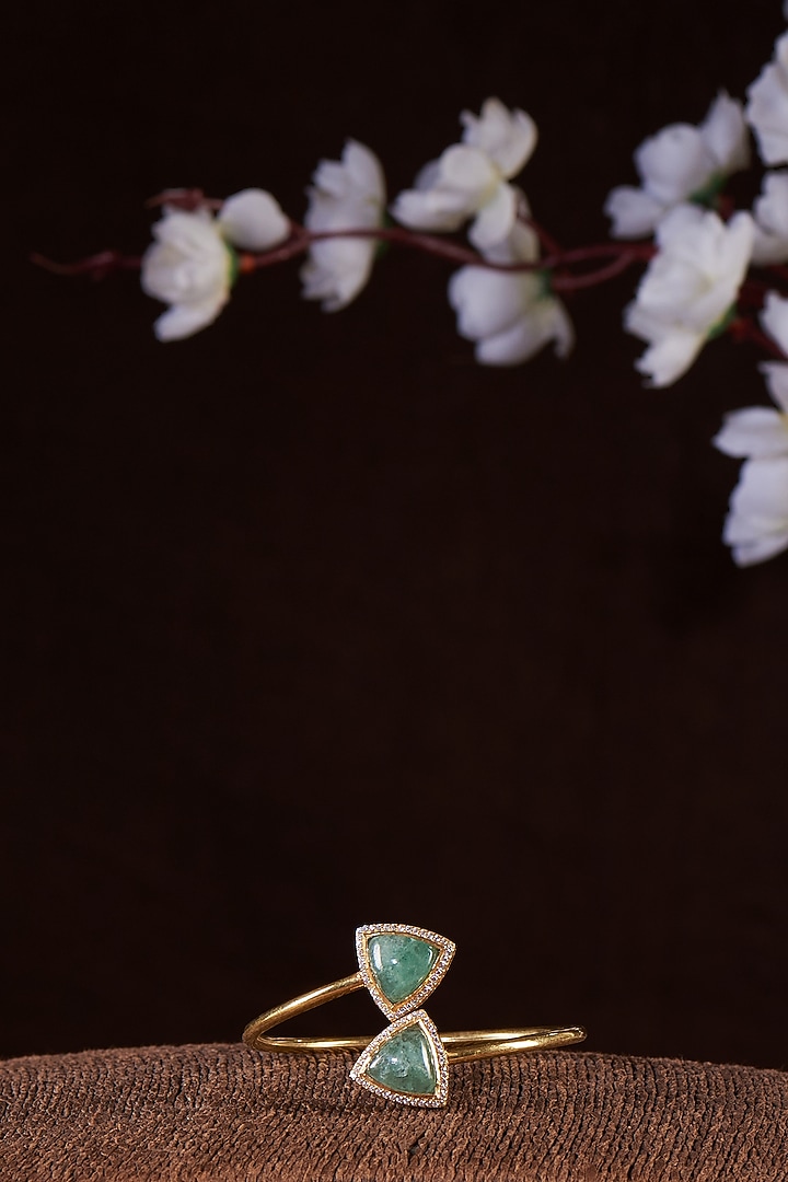 Gold Finish Moissanite Polki & Green Stone Bracelet In Sterling Silver by Hunar at Pernia's Pop Up Shop