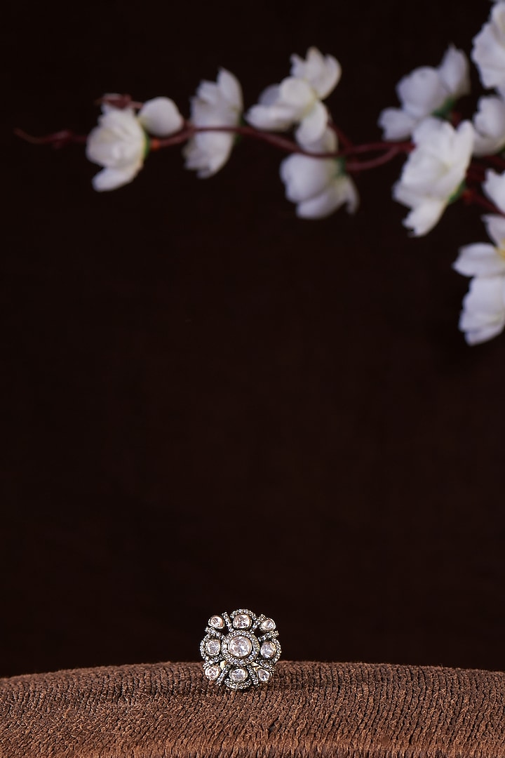 Black Rhodium Finish Moissanite Polki Ring In Sterling Silver by Hunar at Pernia's Pop Up Shop