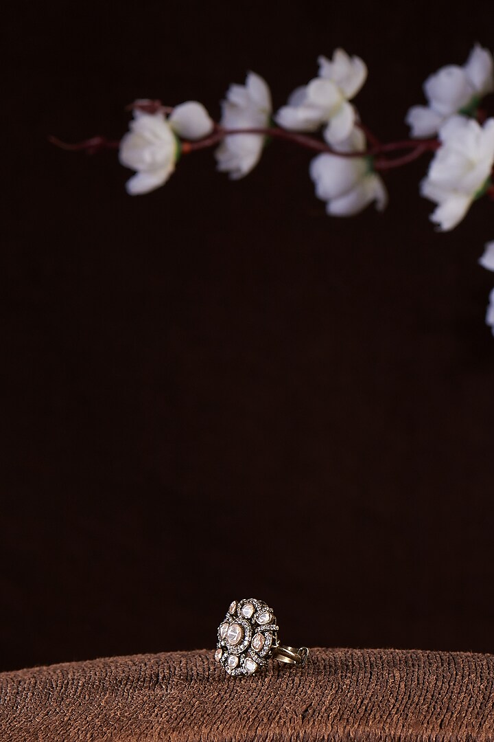 Black Rhodium Finish Moissanite Polki Ring In Sterling Silver by Hunar at Pernia's Pop Up Shop