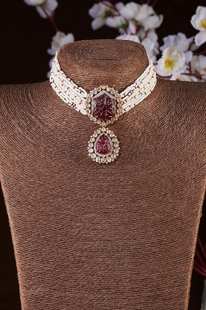 Gold Finish Moissanite Polki & Pearl Choker Necklace In Sterling Silver by Hunar at Pernia's Pop Up Shop