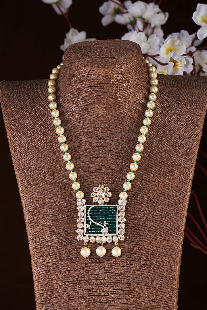 Gold Finish Moissanite Polki & Green Stone Long Necklace In Sterling Silver by Hunar at Pernia's Pop Up Shop