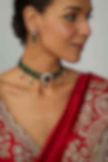 Gold Finish Moissanite Polki & Green Stone Choker Necklace Set In Sterling Silver by Hunar at Pernia's Pop Up Shop