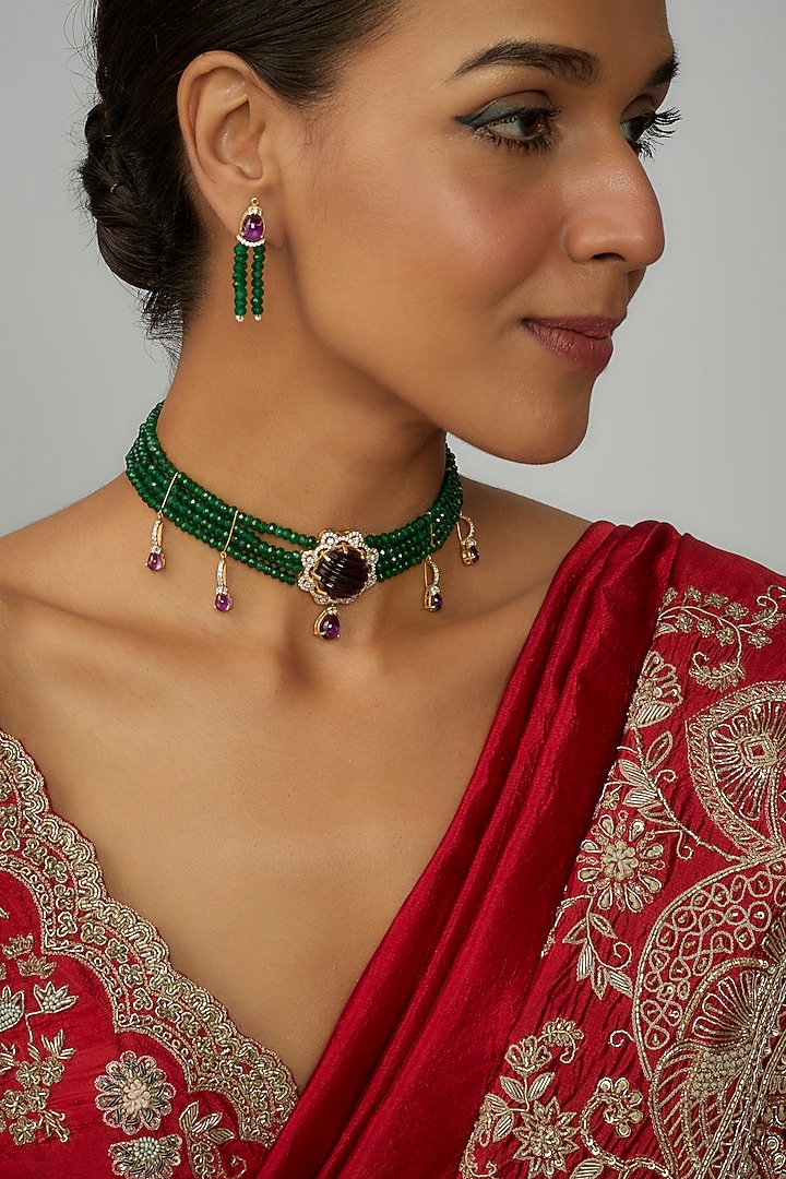 Gold Finish Moissanite Polki & Green Stone Choker Necklace Set In Sterling Silver by Hunar at Pernia's Pop Up Shop