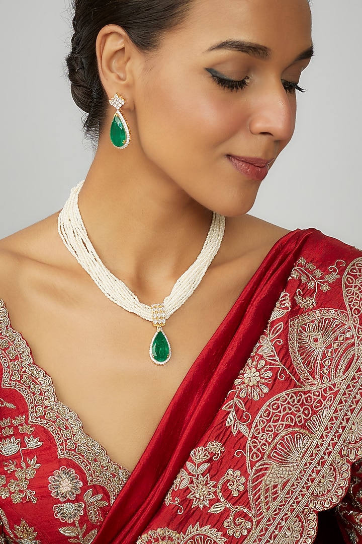 Gold Finish Moissanite Polki & Green Stone Long Necklace Set In Sterling Silver by Hunar at Pernia's Pop Up Shop