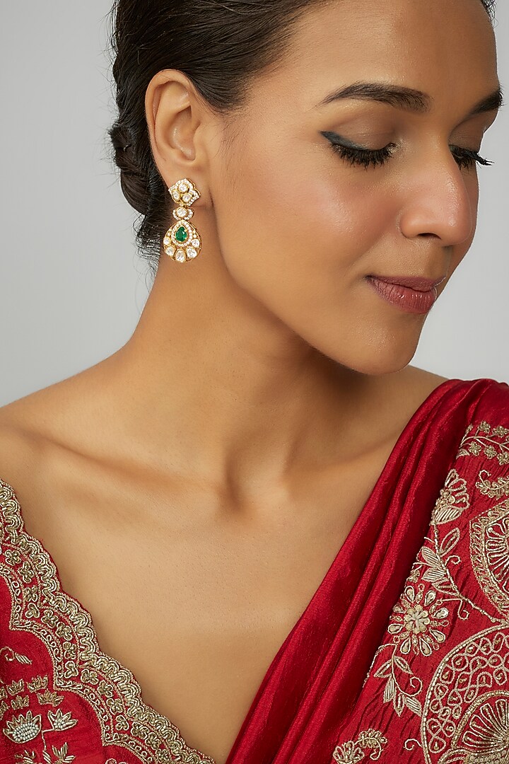 Gold Finish Moissanite Polki & Green Synthetic Stone Dangler Earrings In Sterling Silver by Hunar at Pernia's Pop Up Shop