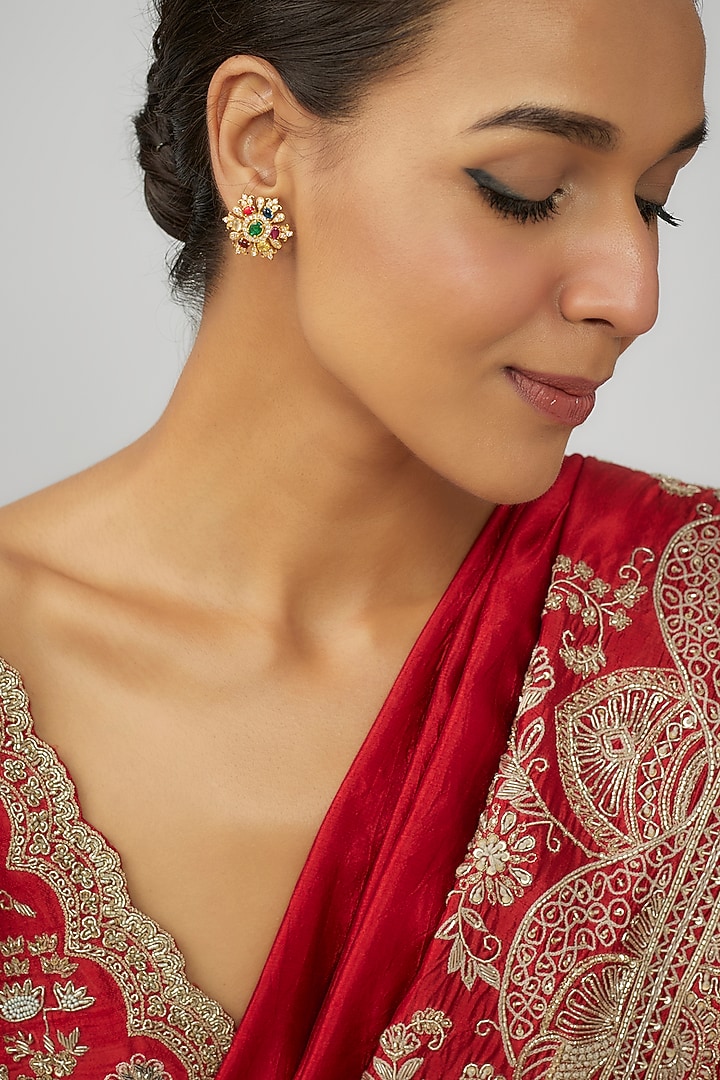 Gold Finish Moissanite Polki & Multi-Colored Stone Stud Earrings In Sterling Silver by Hunar at Pernia's Pop Up Shop