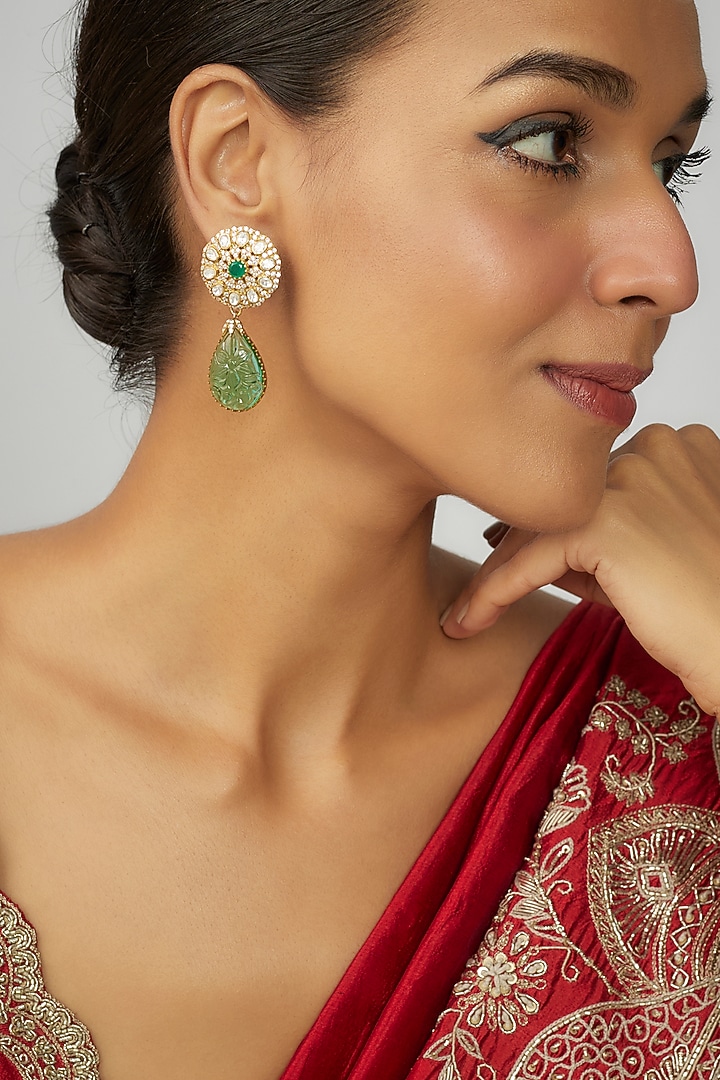 Gold Finish Moissanite Polki & Green Synthetic Stone Dangler Earrings In Sterling Silver by Hunar at Pernia's Pop Up Shop