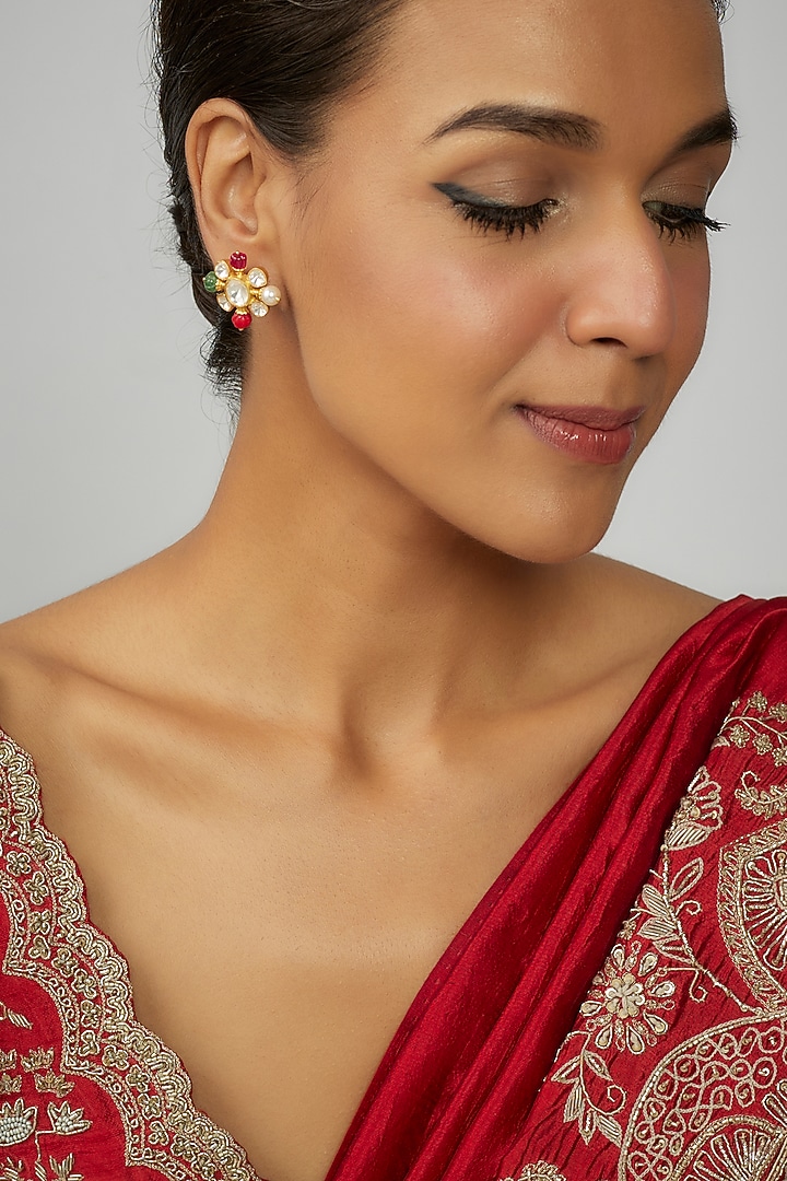 Gold Finish Moissanite Polki & Multi-Colored Stone Stud Earrings In Sterling Silver by Hunar at Pernia's Pop Up Shop