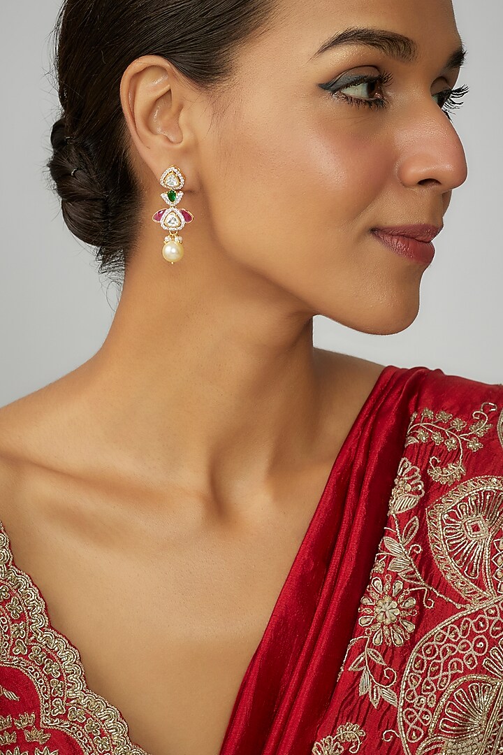 Gold Finish Moissanite Polki & Multi-Colored Stone Dangler Earrings In Sterling Silver by Hunar at Pernia's Pop Up Shop
