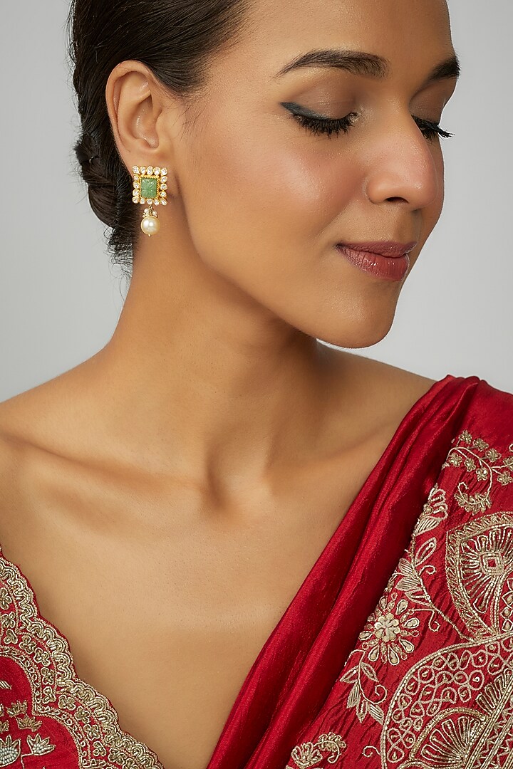 Gold Finish Moissanite Polki & Pearl Dangler Earrings In Sterling Silver by Hunar at Pernia's Pop Up Shop