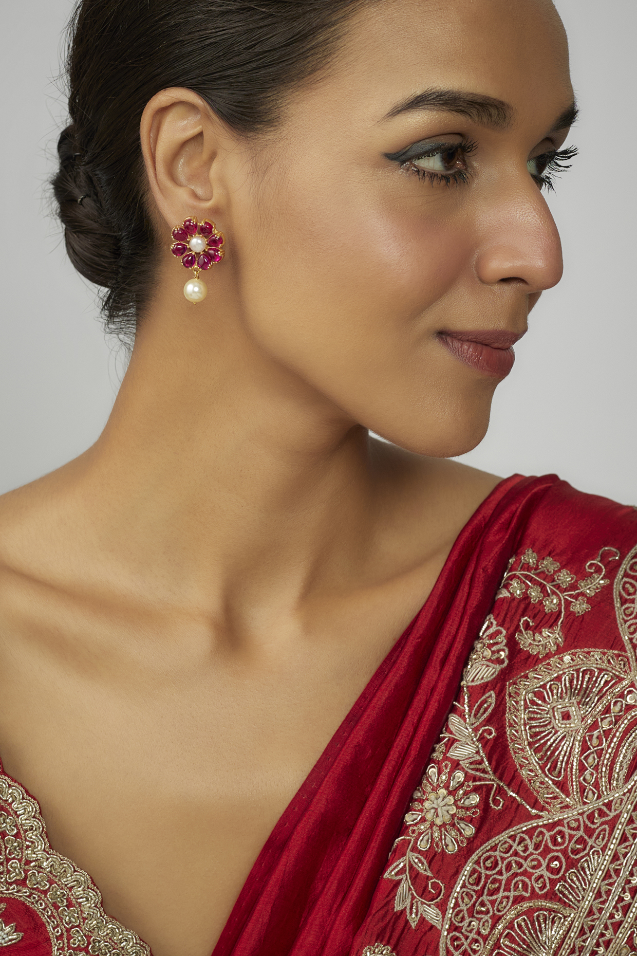 Gold Finish Moissanite Polki & Red Stone Dangler Earrings In Sterling Silver by Hunar at Pernia's Pop Up Shop