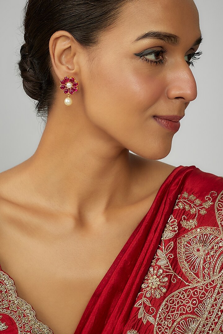 Gold Finish Moissanite Polki & Red Stone Dangler Earrings In Sterling Silver by Hunar at Pernia's Pop Up Shop
