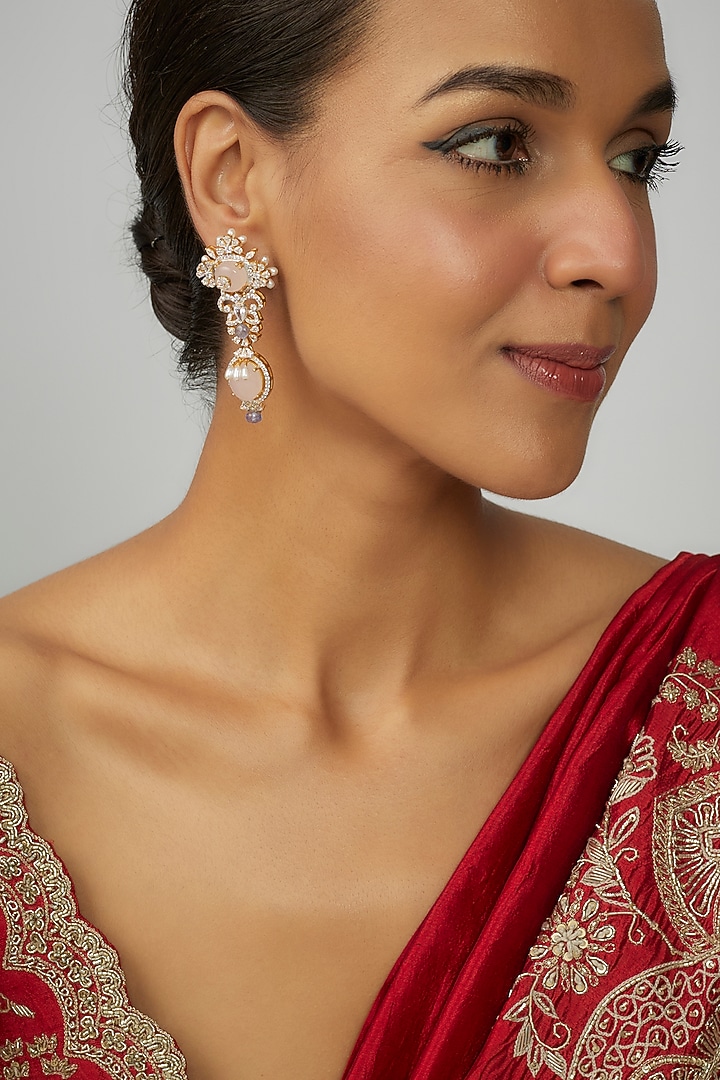 Gold Finish Moissanite Polki & Pink Synthetic Stone Dangler Earrings In Sterling Silver by Hunar at Pernia's Pop Up Shop