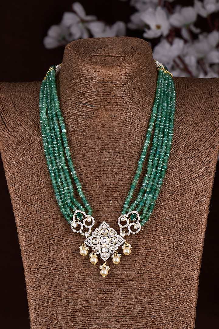 Gold Finish Moissanite Polki & Emerald Stone Long Necklace In Sterling Silver by Hunar at Pernia's Pop Up Shop