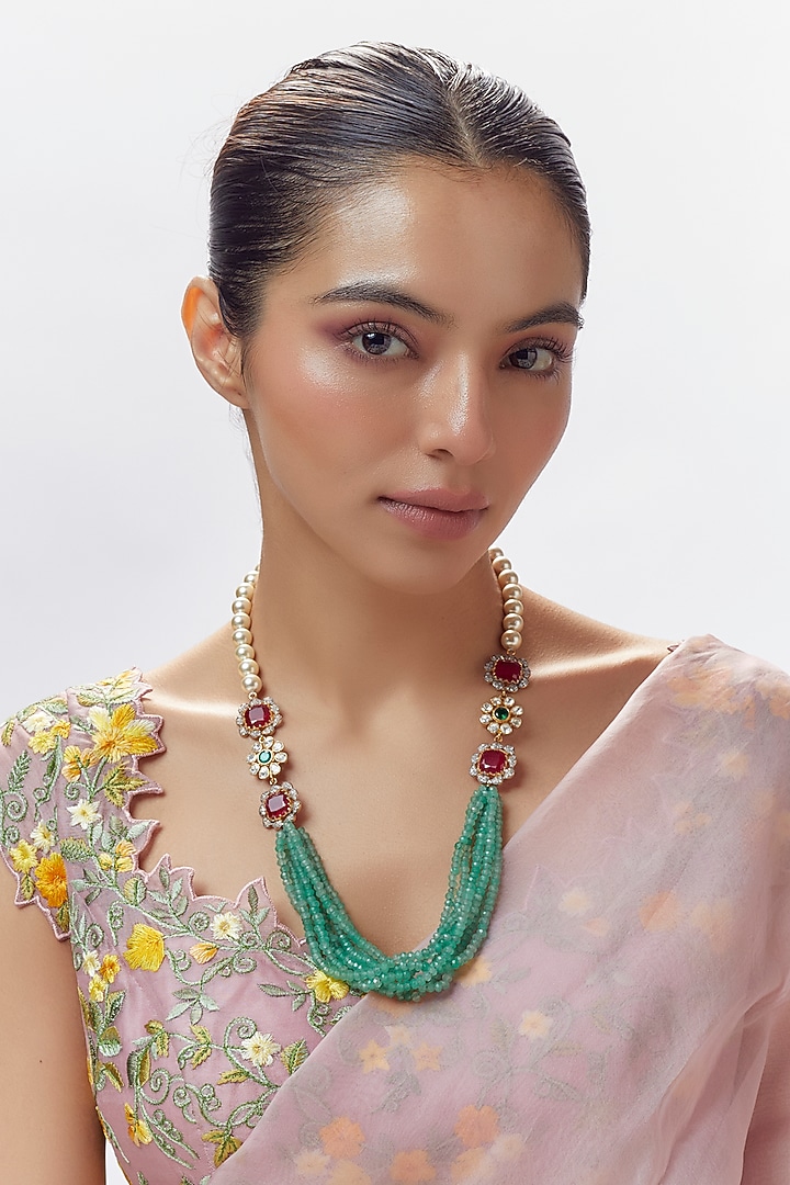 Gold Finish Moissanite Polki & Emerald Stone Long Necklace In Sterling Silver by Hunar at Pernia's Pop Up Shop