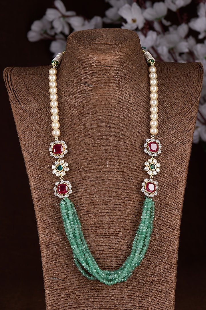 Gold Finish Moissanite Polki & Emerald Stone Long Necklace In Sterling Silver by Hunar at Pernia's Pop Up Shop