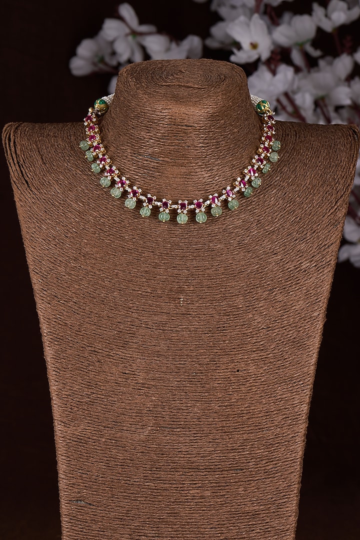 Gold Finish Moissanite Polki & Multi-Colored Stone Necklace In Sterling Silver by Hunar at Pernia's Pop Up Shop
