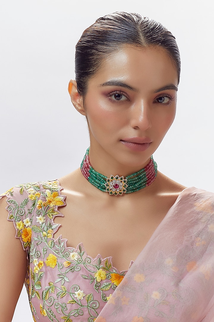 Gold Finish Moissanite Polki & Multi-Colored Stone Choker Necklace In Sterling Silver by Hunar at Pernia's Pop Up Shop