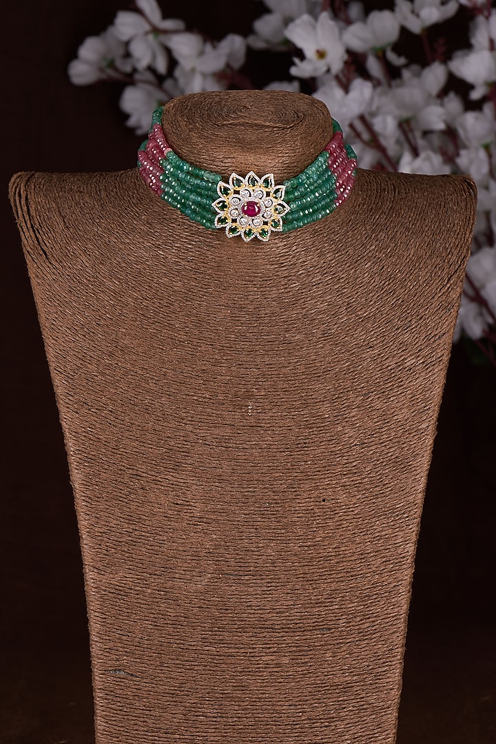Gold Finish Moissanite Polki & Multi-Colored Stone Choker Necklace In Sterling Silver by Hunar at Pernia's Pop Up Shop