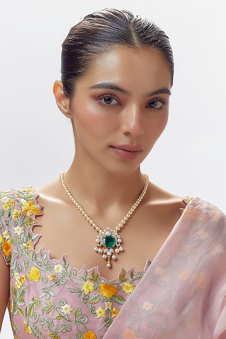 Gold Finish Moissanite Polki & Green Stone Long Necklace In Sterling Silver by Hunar at Pernia's Pop Up Shop