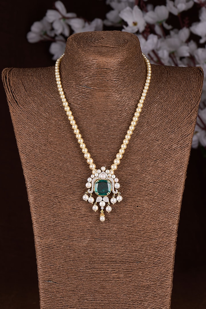 Gold Finish Moissanite Polki & Green Stone Long Necklace In Sterling Silver by Hunar at Pernia's Pop Up Shop