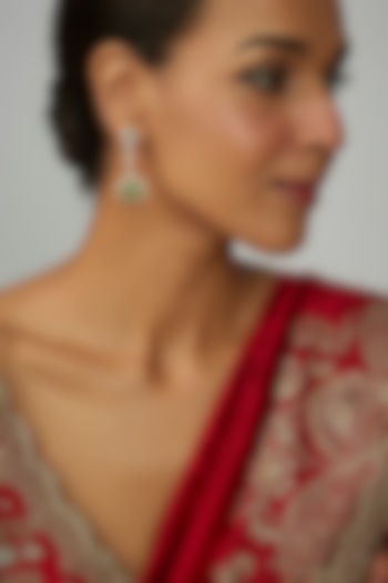 Gold Finish Moissanite Polki & Green Synthetic Stone Dangler Earrings In Sterling Silver by Hunar at Pernia's Pop Up Shop