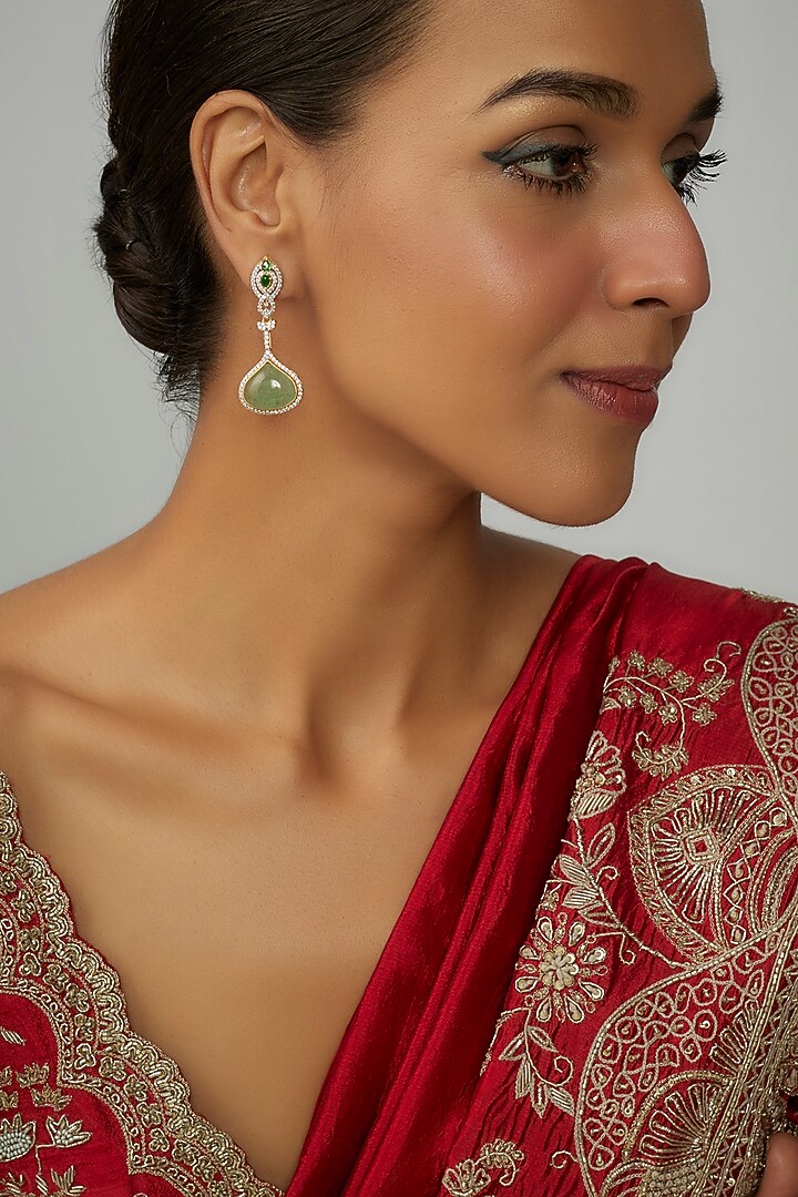 Gold Finish Moissanite Polki & Green Synthetic Stone Dangler Earrings In Sterling Silver by Hunar at Pernia's Pop Up Shop