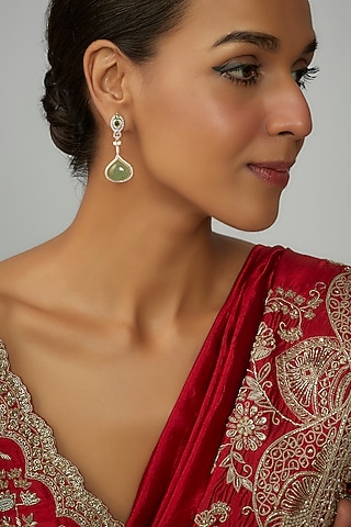 Gold Finish Moissanite Polki & Green Synthetic Stone Dangler Earrings In Sterling Silver by Hunar
