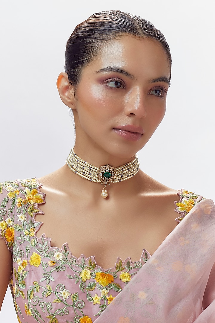 Gold Finish Moissanite Polki & Pearl Choker Necklace In Sterling Silver by Hunar at Pernia's Pop Up Shop