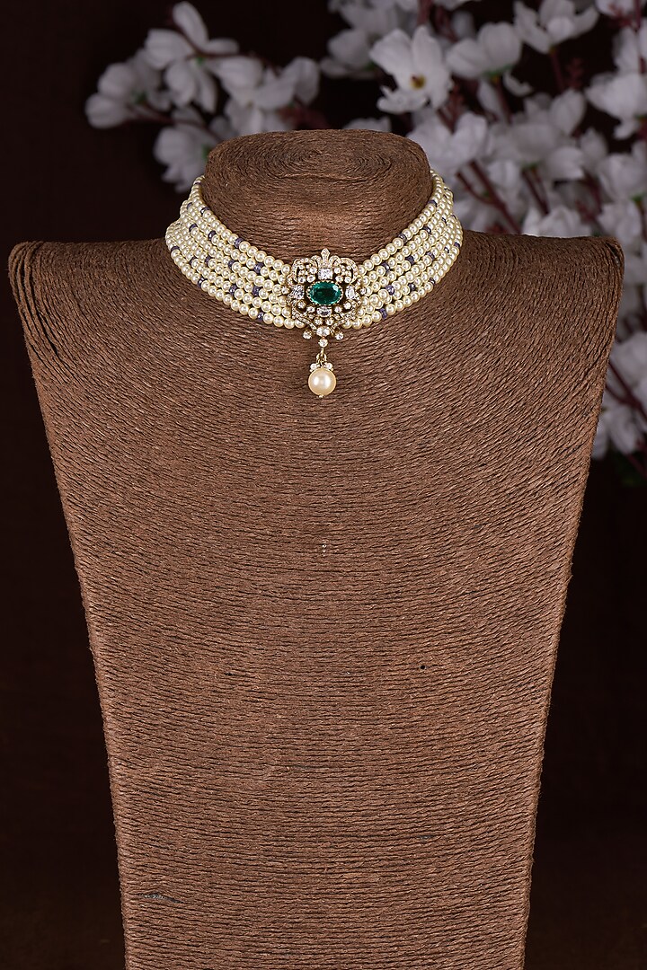 Gold Finish Moissanite Polki & Pearl Choker Necklace In Sterling Silver by Hunar at Pernia's Pop Up Shop