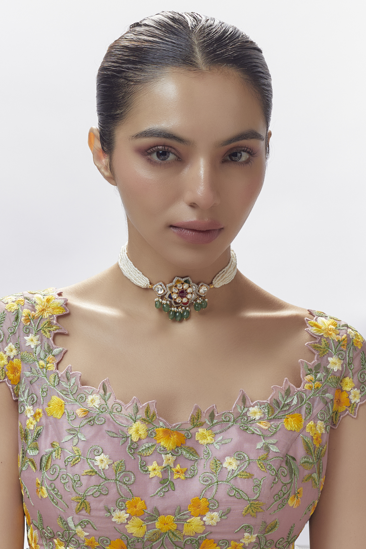 Gold Finish Moissanite Polki & Pearl Choker Necklace In Sterling Silver by Hunar at Pernia's Pop Up Shop