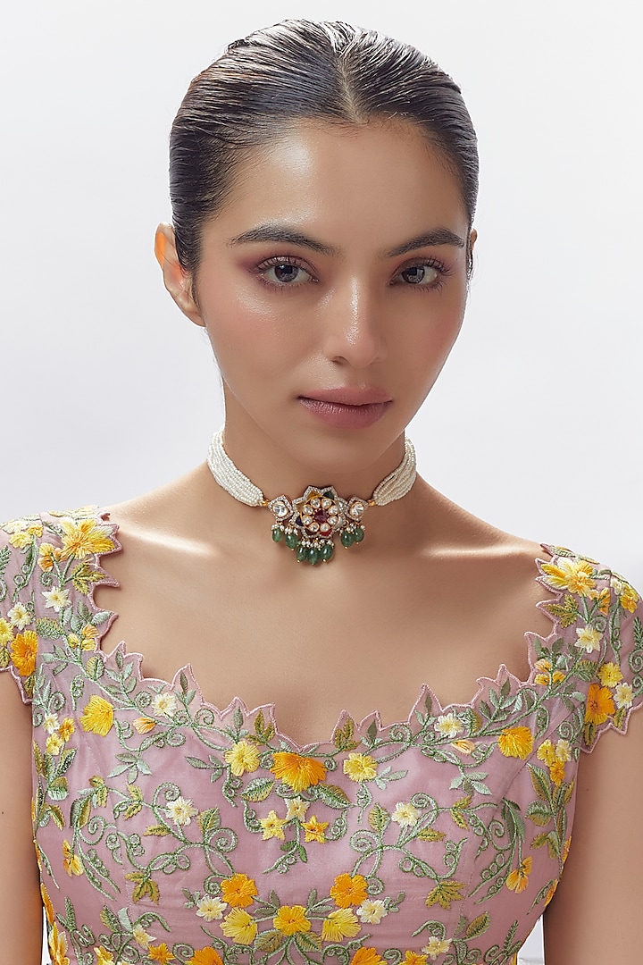 Gold Finish Moissanite Polki & Pearl Choker Necklace In Sterling Silver by Hunar at Pernia's Pop Up Shop
