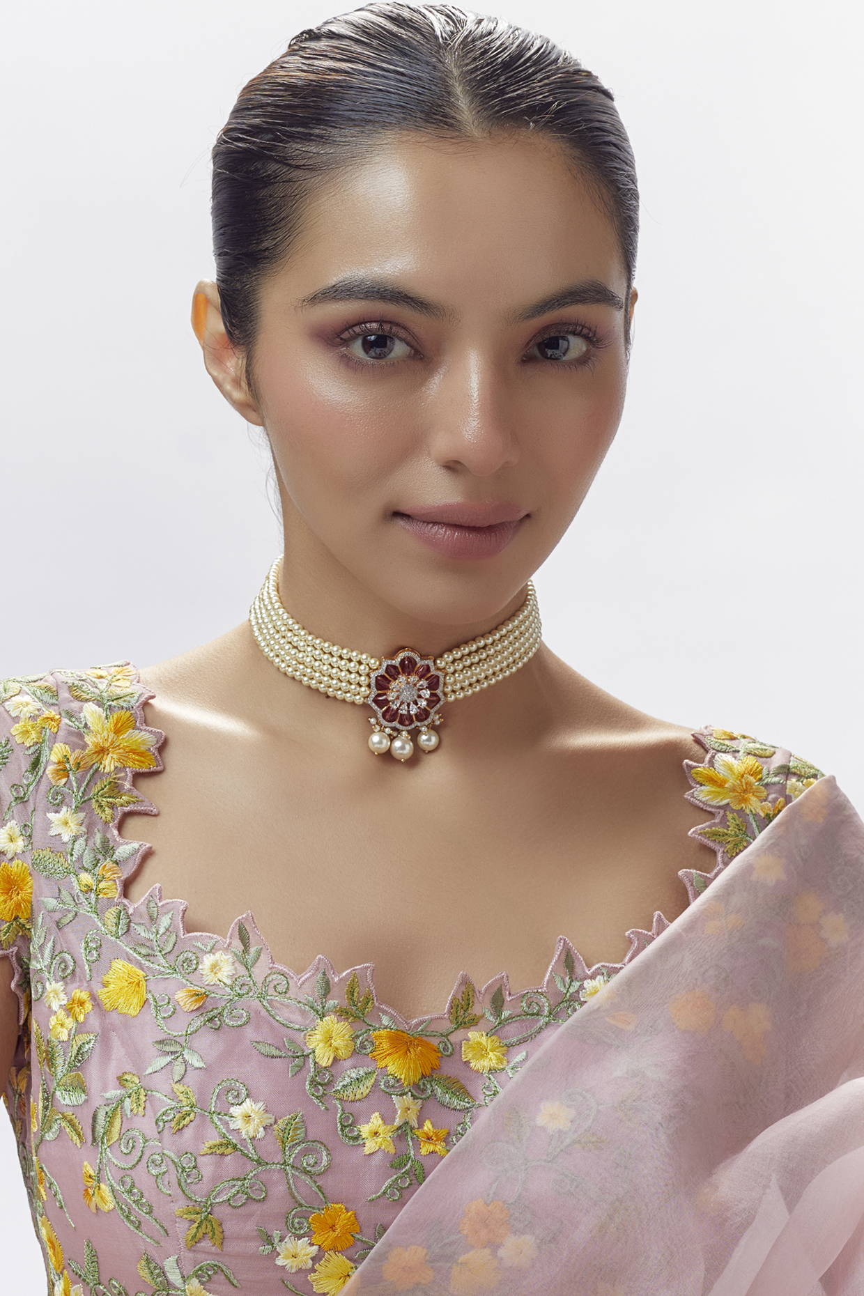 Gold Finish Moissanite Polki & Pearl Choker Necklace In Sterling Silver by Hunar at Pernia's Pop Up Shop