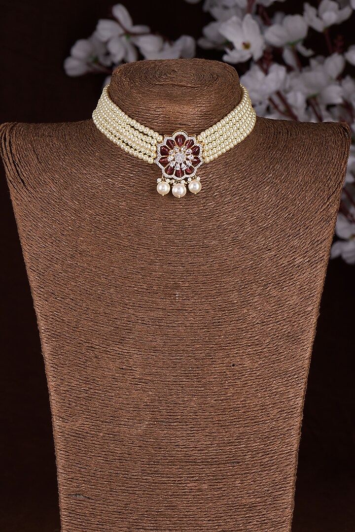 Gold Finish Moissanite Polki & Pearl Choker Necklace In Sterling Silver by Hunar at Pernia's Pop Up Shop