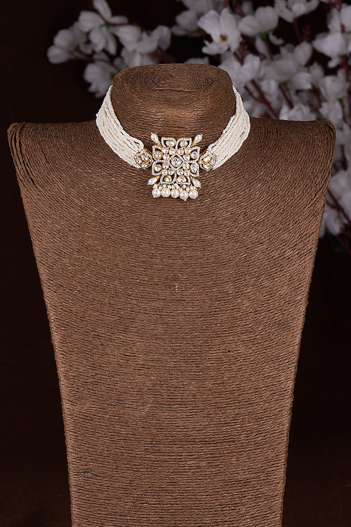 Gold Finish Moissanite Polki & Pearl Choker Necklace In Sterling Silver by Hunar at Pernia's Pop Up Shop