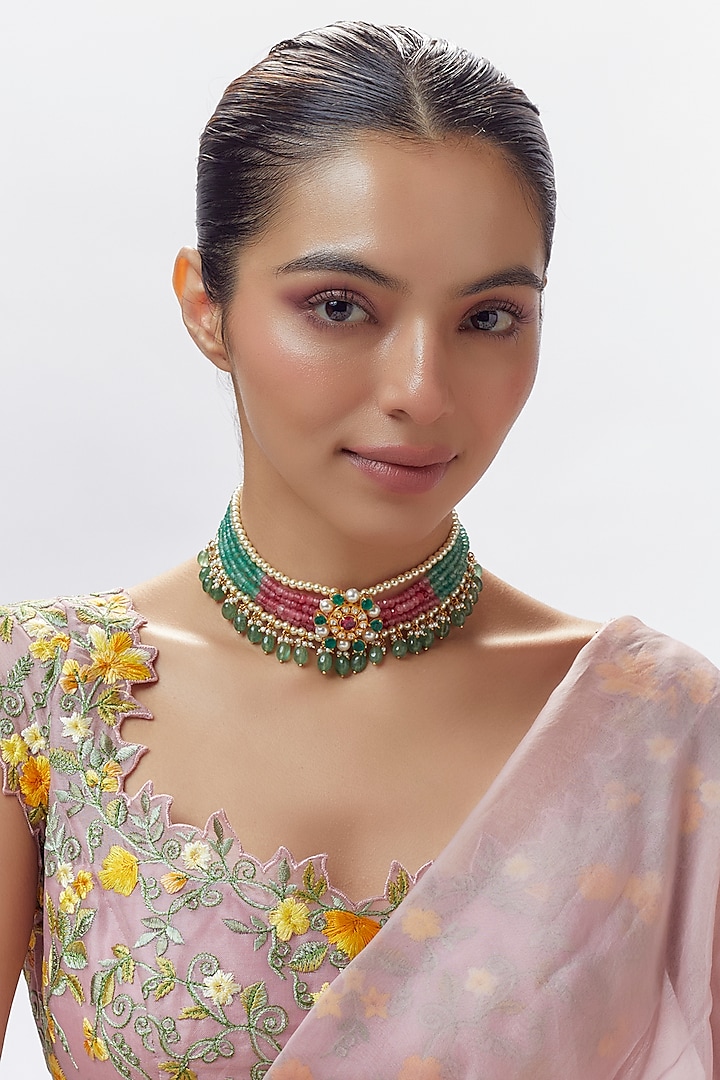 Gold Finish Moissanite Polki & Multi-Colored Stone Choker Necklace In Sterling Silver by Hunar at Pernia's Pop Up Shop