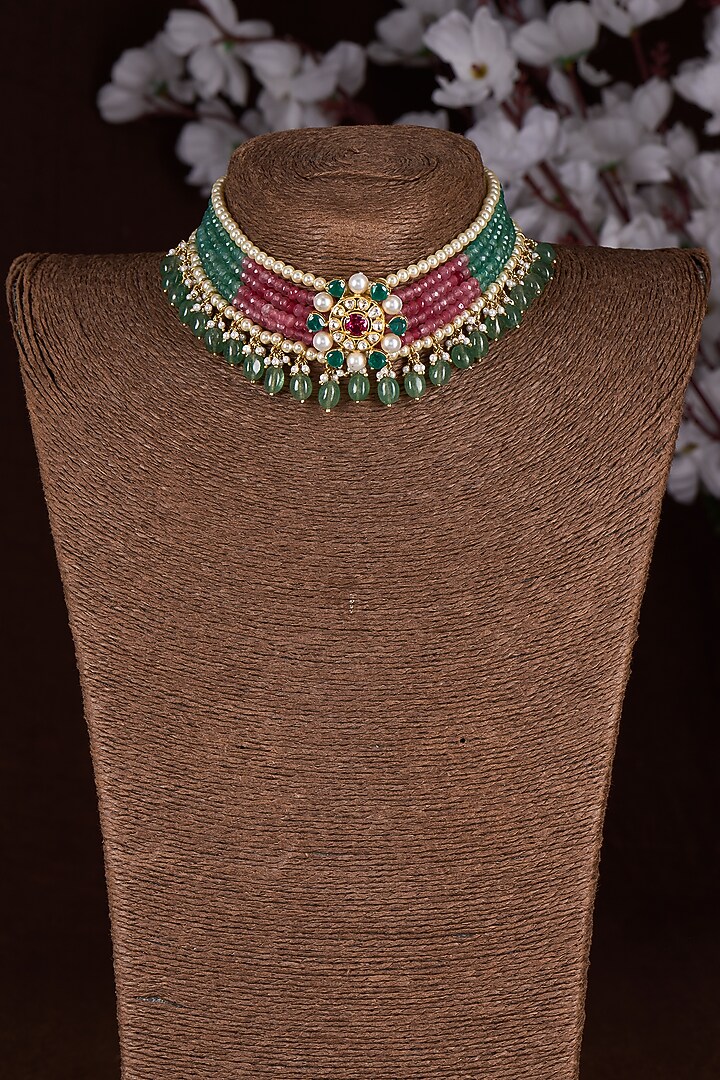 Gold Finish Moissanite Polki & Multi-Colored Stone Choker Necklace In Sterling Silver by Hunar at Pernia's Pop Up Shop