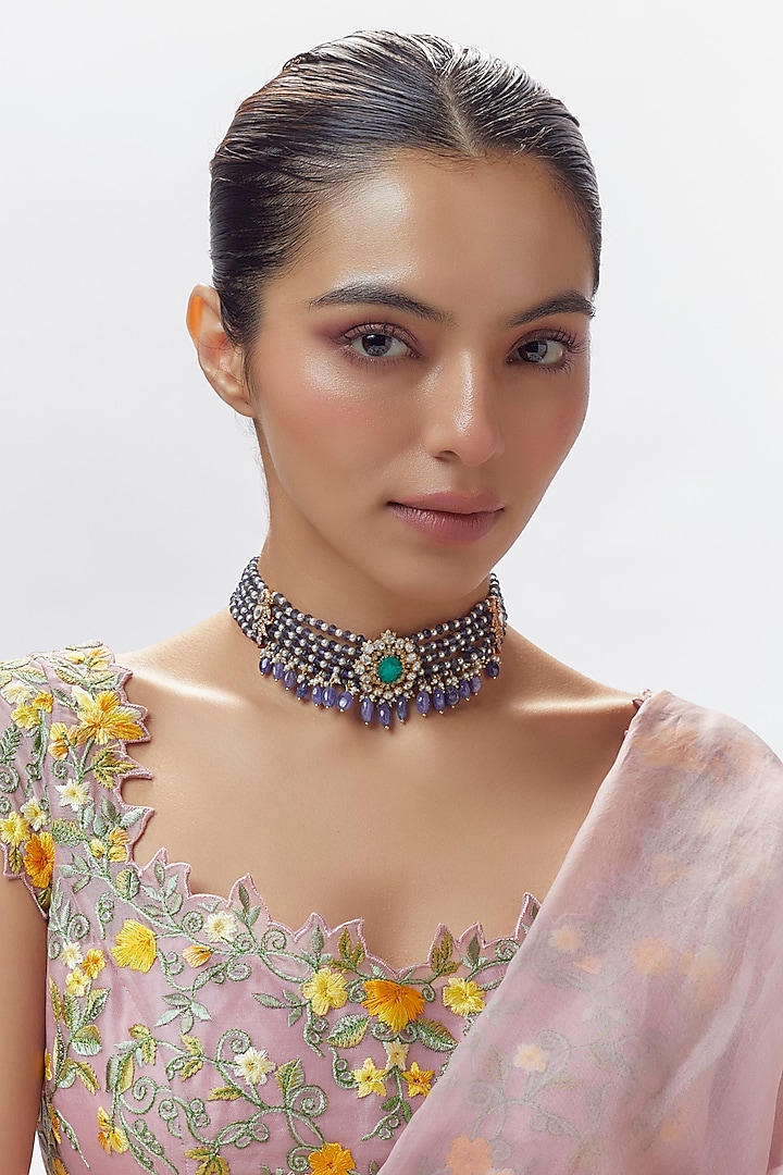 Gold Finish Moissanite Polki & Multi-Colored Stone Choker Necklace In Sterling Silver by Hunar at Pernia's Pop Up Shop