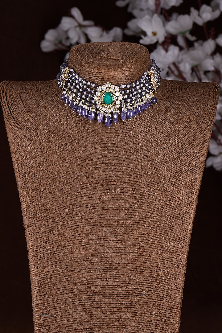 Gold Finish Moissanite Polki & Multi-Colored Stone Choker Necklace In Sterling Silver by Hunar at Pernia's Pop Up Shop