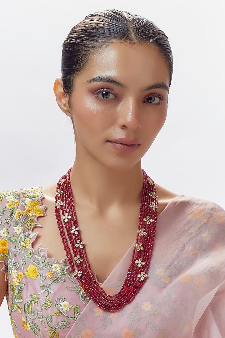 Gold Finish Moissanite Polki & Ruby Mala Necklace In Sterling Silver by Hunar at Pernia's Pop Up Shop