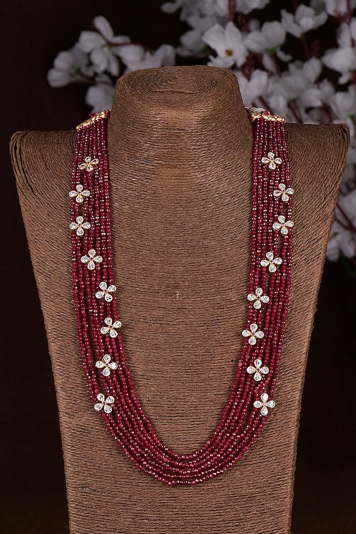 Gold Finish Moissanite Polki & Ruby Mala Necklace In Sterling Silver by Hunar at Pernia's Pop Up Shop